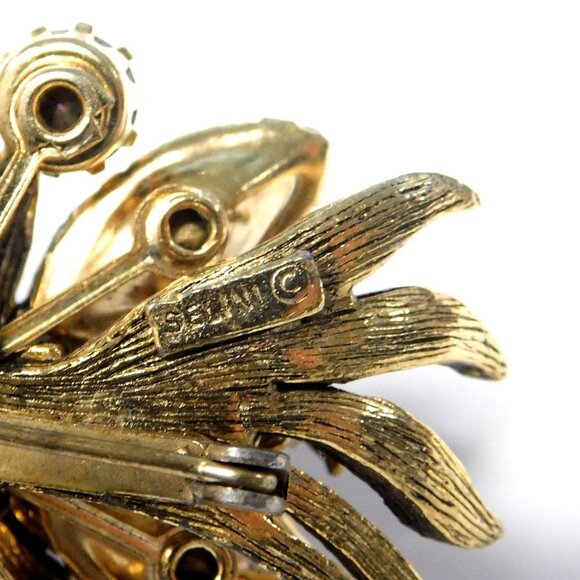 Vintage Signed SELINI Rhinestone Brooch Goldtone Garnet & Aurora Borealis Stones - Picture 6 of 7